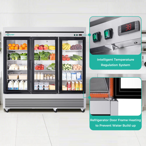 CC 72" Cu Ft Three Glass Door Commercial Reach-In Display Refrigerator, Triple-Door Merchandiser Cooler 33–41°F, Stainless Steel, R290, ETL DOE