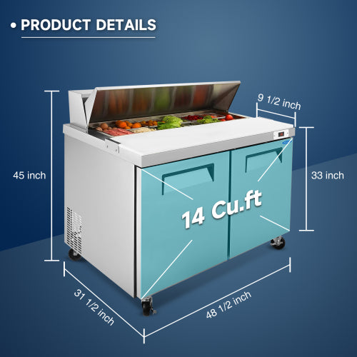 48 IN Commercial Refrigerators Sandwich&Salad Prep Table with a Butcher Block Cutting Board, Protection Lid, Cold Storage, ETL Certified