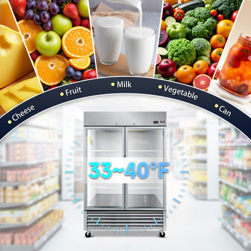 54" Commercial Display Refrigerator Swing Glass Door 49 Cu.ft Stainless Steel Reach-in Merchandiser Refrigerators with LED Lighting