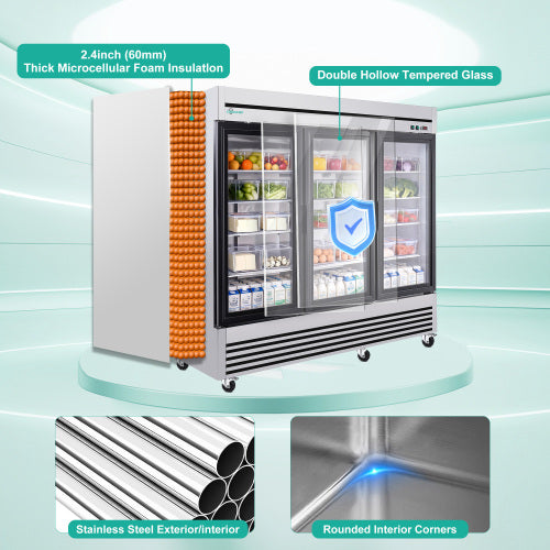 CC 72" Cu Ft Three Glass Door Commercial Reach-In Display Refrigerator, Triple-Door Merchandiser Cooler 33–41°F, Stainless Steel, R290, ETL DOE