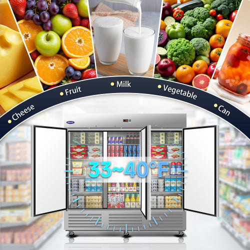 81" Commercial Refrigerator 72 Cu.ft with 3Solid Door Reach-In Refrigerators Stainless Steel ETL Approved Upright Fridge Storage