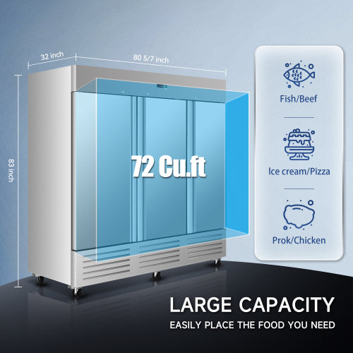 81" Commercial Freezer 72 Cu.ft with 2 Solid Door Reach-In Freezers Stainless Steel ETL Approved Upright Freeze Storage