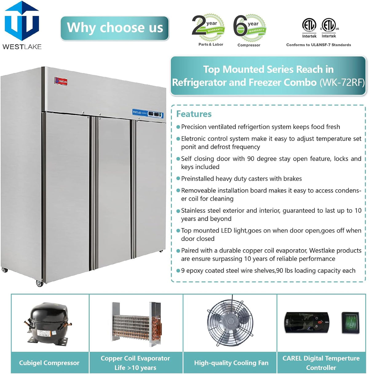 Commercial Refrigerator and Freezer Combo, WESTLAKE 72" 3 door Reach-In Commercial Fridge and Freezer Combination