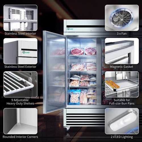 CC 72" Cu Ft Commercial Reach-In Freezer, 3 Solid Door Stainless Steel Upright, -8–0°F Deep Freeze, 9 Heavy-Duty Shelves, R290, 110V