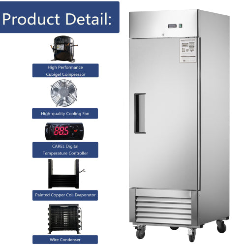 27"W Commercial Freezer Single Solid Door Stainless Steel Interior and Exterior Construction Reach-in Freezer 18.68 Cu.ft. Upright Fan Cooling Freezer for Restaurants and Commercial Environments