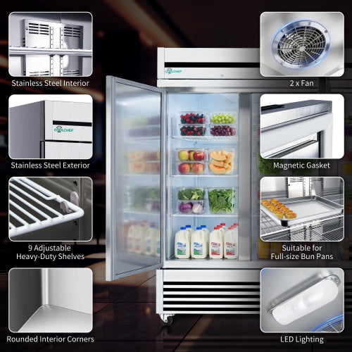 CC 72" Cu Ft Commercial Reach-In Refrigerator, 3 Solid Door Stainless Steel Upright Cooler, 33–40°F Digital Thermostat, 9 Shelves, R290, 110V