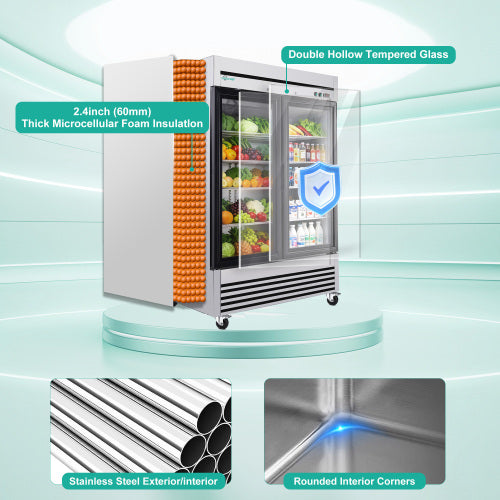 CC 49" Cu Ft Two Glass Door Commercial Reach-In Display Refrigerator, Upright Merchandiser Cooler 33–40°F, Stainless Steel, R290, ETL DOE