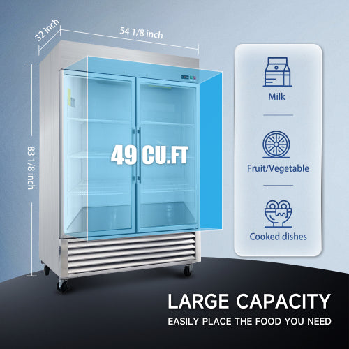 54" Commercial Display Refrigerator Swing Glass Door 49 Cu.ft Stainless Steel Reach-in Merchandiser Refrigerators with LED Lighting