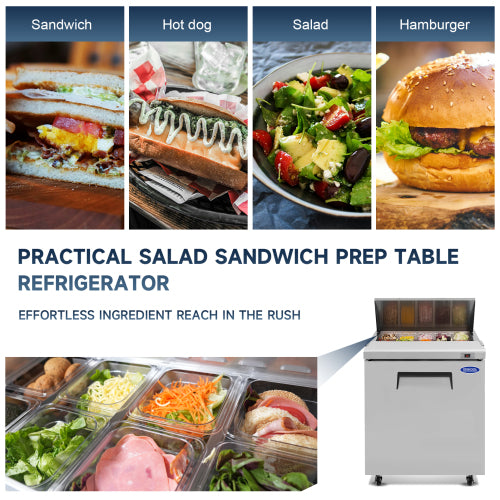 29 IN Commercial Refrigerators Sandwich&Salad Prep Table with a Butcher Block Cutting Board, Protection Lid, Cold Storage, ETL Certified