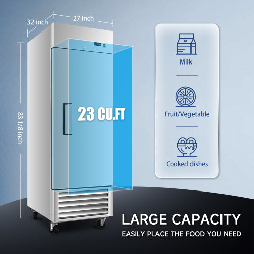 27" Commercial Refrigerator 23 Cu.ft with 1 Solid Door Reach-In Refrigerators Stainless Steel ETL Approved Upright Fridge Storage