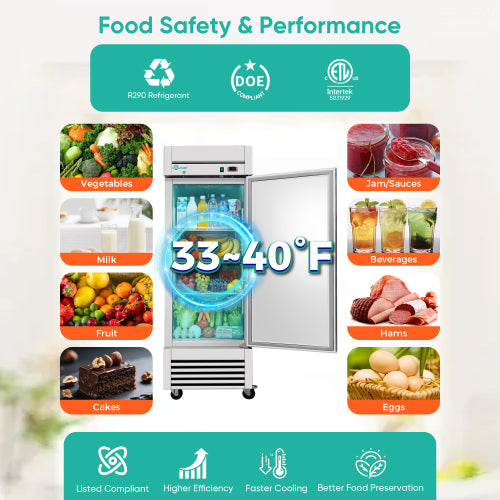 CC 27″ Reach-In Commercial Refrigerator, Stainless Steel Single Door Cooler, Digital Thermostat, LED Lighting, ETL