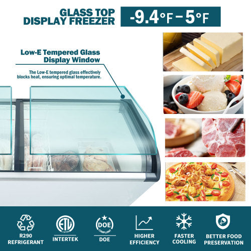 Curved Top Display Freezer 19.3 Cu.ft Sliding Glass Lid Ice Cream Freezers Commercial Mobile Chest Freezer with LED Lighting