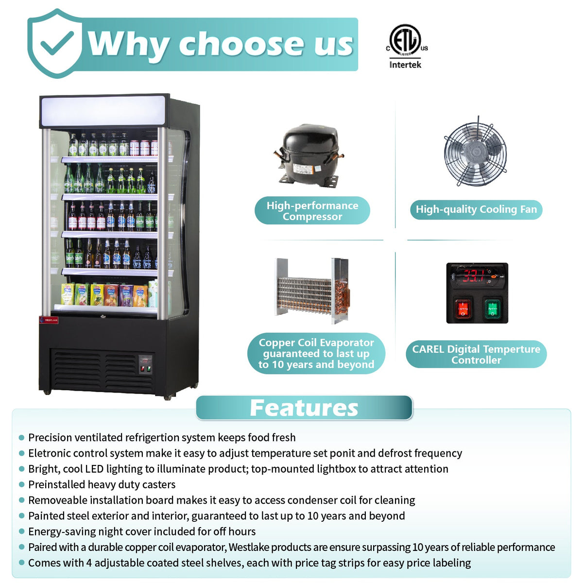 WESTLAKE Commercial Open Air Merchandiser 36"W | Black Refrigerated Display Cooler with Air Curtain for Restaurant