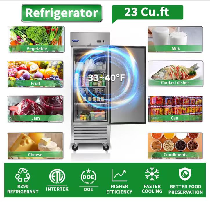27" Commercial Refrigerator 23 Cu.ft with 1 Solid Door Reach-In Refrigerators Stainless Steel ETL Approved Upright Fridge Storage