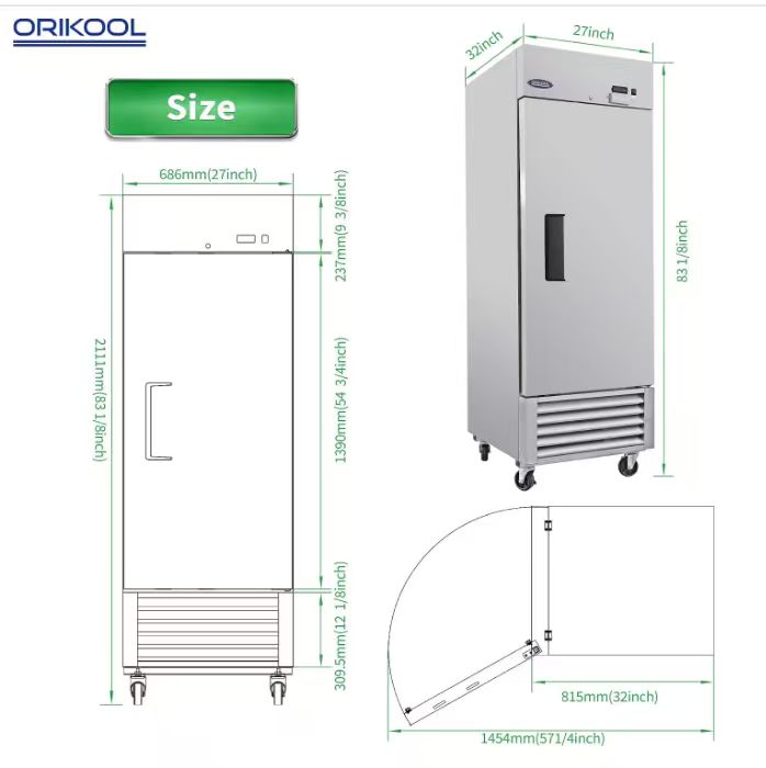 27" Commercial Refrigerator 23 Cu.ft with 1 Solid Door Reach-In Refrigerators Stainless Steel ETL Approved Upright Fridge Storage