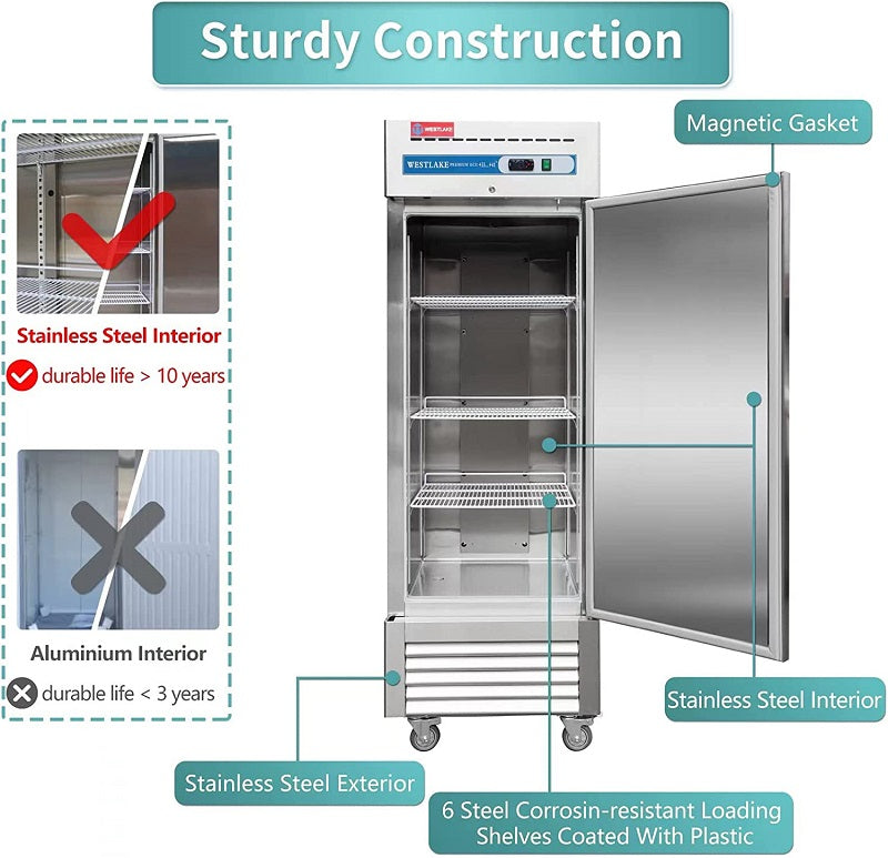 WESTLAKE Commercial Refrigerator 27" 1-Door 23 Cu.ft Stainless Steel | R290 NSF Energy Star Reach-In for Restaurant