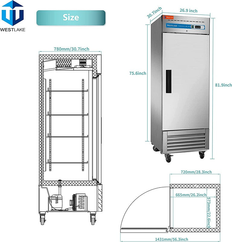 WESTLAKE Commercial Refrigerator 27" 1-Door 23 Cu.ft Stainless Steel | R290 NSF Energy Star Reach-In for Restaurant