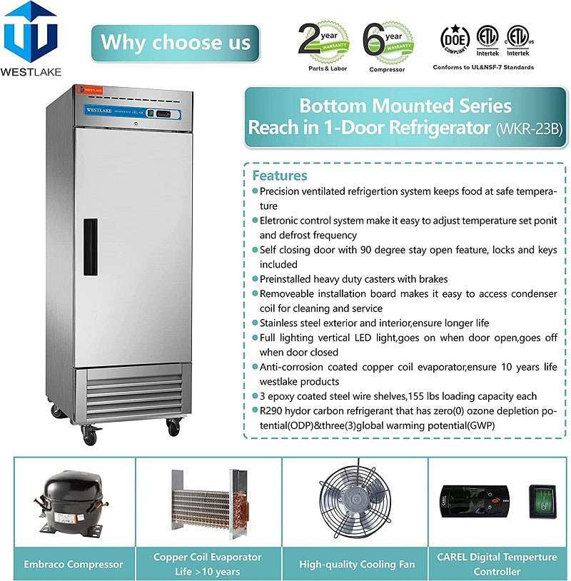 WESTLAKE Commercial Refrigerator 27" 1-Door 23 Cu.ft Stainless Steel | R290 NSF Energy Star Reach-In for Restaurant