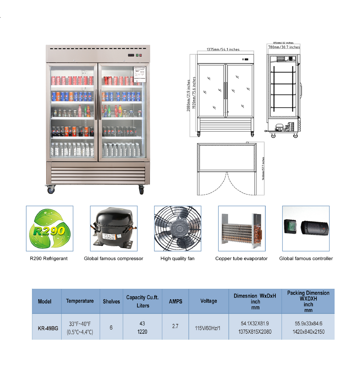 WESTLAKE Commercial Refrigerator Merchandiser 48" 2-Glass Door 49 Cu.ft Stainless Steel | R290 Embraco ETL NSF Reach-In for Restaurant