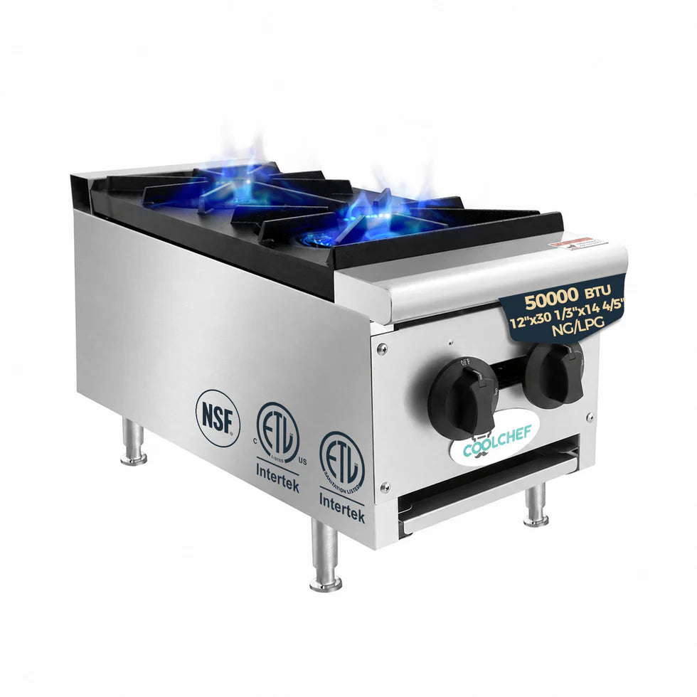 12" 2-Burner Commercial Countertop Gas Hot Plate, 50,000 BTU