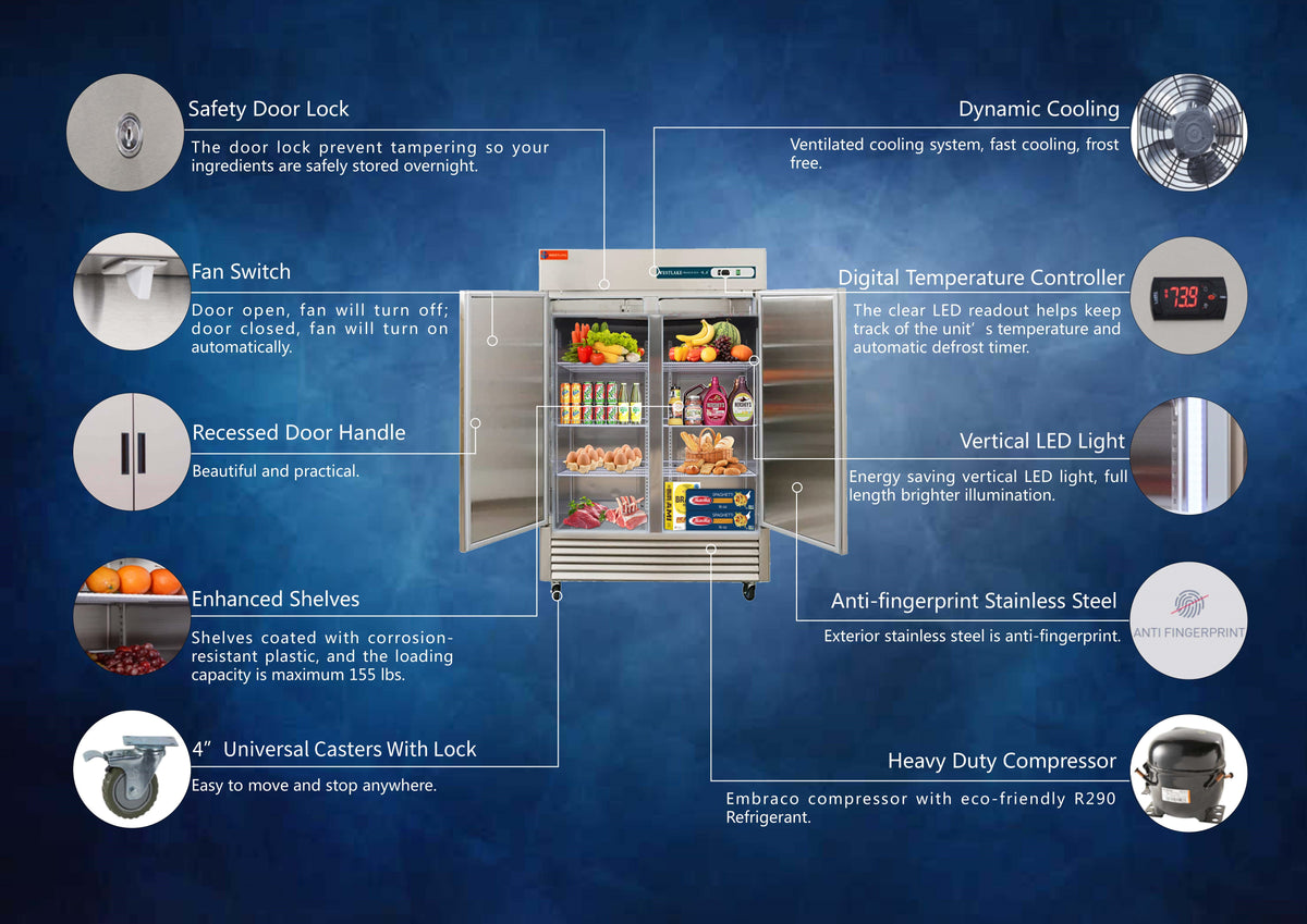 WESTLAKE Commercial Refrigerator 54" 2-Door 49 Cu.ft Stainless Steel | Embraco ETL NSF DOE Triple Certified Reach-In for Restaurant