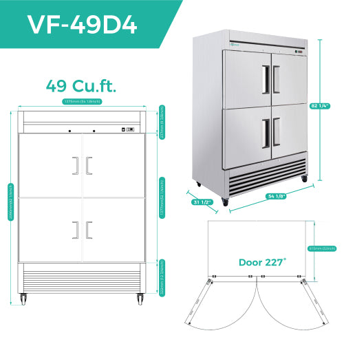 CC 54"Commercial Freezer, 49 Cu.Ft Four-Door Stainless Steel Reach-In Freezer, -8~0℉, Air Cooling, 6 Shelves, R290