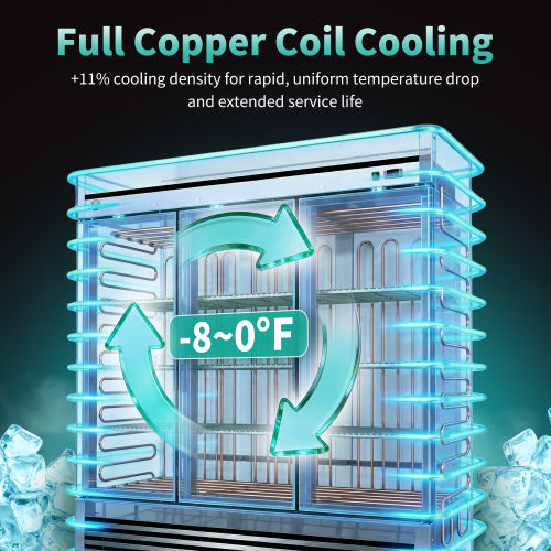CC 72" Cu Ft Commercial Reach-In Freezer, 3 Solid Door Stainless Steel Upright, -8–0°F Deep Freeze, 9 Heavy-Duty Shelves, R290, 110V
