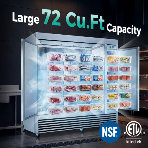 CC 72" Cu Ft Commercial Reach-In Freezer, 3 Solid Door Stainless Steel Upright, -8–0°F Deep Freeze, 9 Heavy-Duty Shelves, R290, 110V