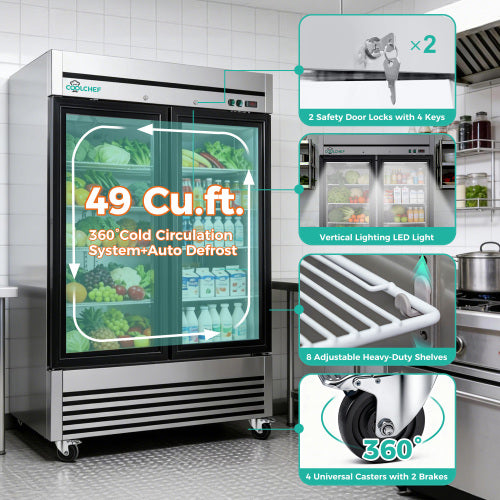 CC 49" Cu Ft Two Glass Door Commercial Reach-In Display Refrigerator, Upright Merchandiser Cooler 33–40°F, Stainless Steel, R290, ETL DOE