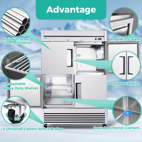 CC 54" Commercial Refrigerator 49 Cu.Ft, Stainless Steel 4-Door Reach-in Fridge, 32–37℉, Air Cooling, LED Light, 6 Shelves, R290, ETL