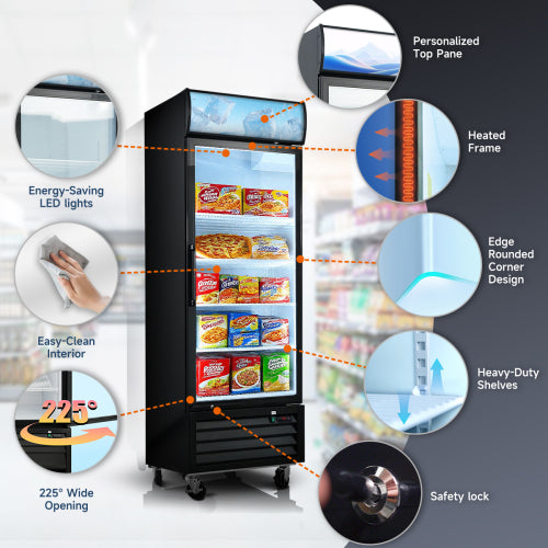 16 Cu.Ft Single Door Commercial Upright Display Freezer Merchandiser Glass Doors With ETL Certified, -8 to -1℉,Auto Defrost, Heated Door Frame, LED Lighting, for Cafes, Restaurants, Stores
