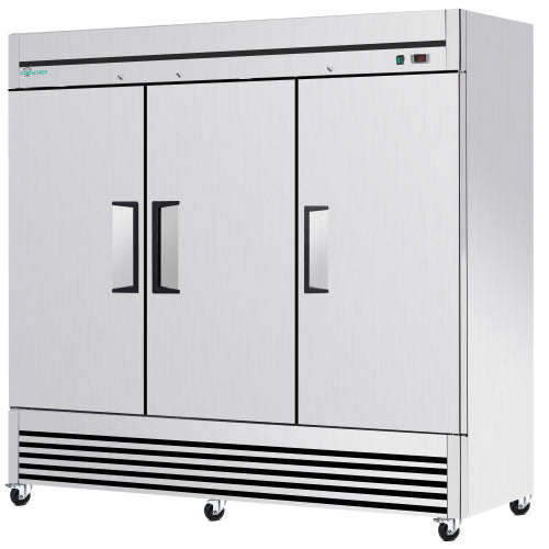 CC 72" Cu Ft Commercial Reach-In Freezer, 3 Solid Door Stainless Steel Upright, -8–0°F Deep Freeze, 9 Heavy-Duty Shelves, R290, 110V