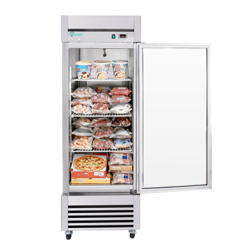 27"W Commercial Freezer Single Solid Door Stainless Steel Interior and Exterior Construction Reach-in Freezer 23 Cu.ft. Upright Fan Cooling Freezer for Restaurants and Commercial Environments