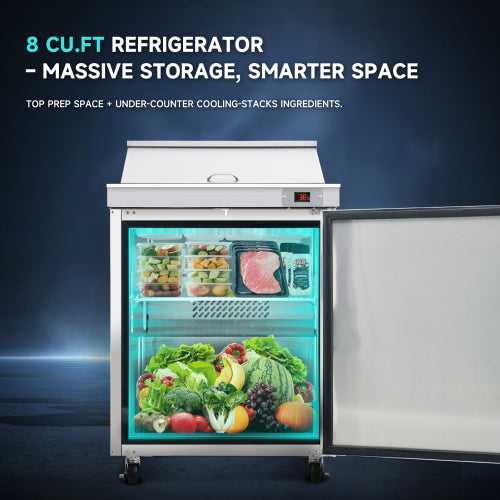 29 IN Commercial Refrigerators Sandwich&Salad Prep Table with a Butcher Block Cutting Board, Protection Lid, Cold Storage, ETL Certified