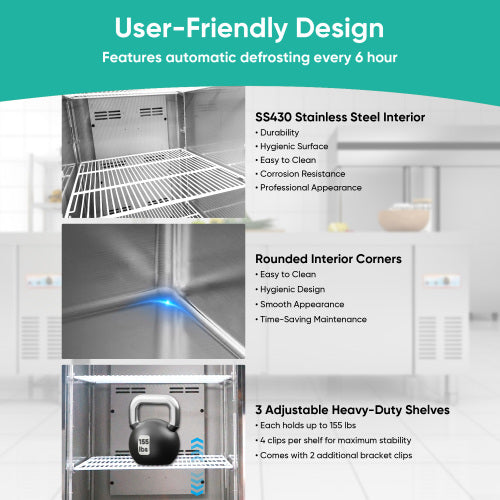 CC 54"Commercial Freezer, 49 Cu.Ft Double Door Stainless Steel Reach-In Freezer, -8~0℉, Air Cooling, 6 Shelves, R290, ETL