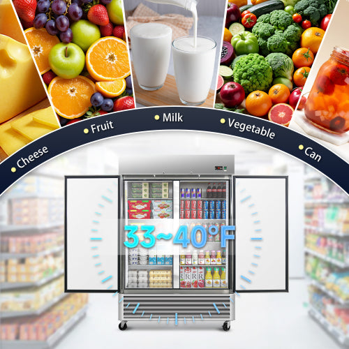ORIKOOL  54" Commercial Refrigerator 49 Cu.ft with 2 Solid Door Reach-In Refrigerators Stainless Steel ETL Approved Upright Fridge Storage