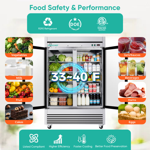 CC 49" Cu Ft Two Glass Door Commercial Reach-In Display Refrigerator, Upright Merchandiser Cooler 33–40°F, Stainless Steel, R290, ETL DOE
