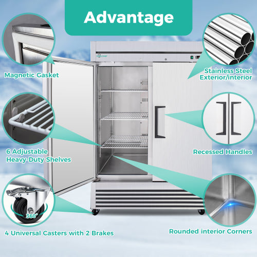 CC 54" Commercial Refrigerator 49 Cu.Ft, Stainless Steel 2 Door Reach-in Fridge, 32–37℉, Air Cooling, LED Light, 6 Shelves, R290, ETL