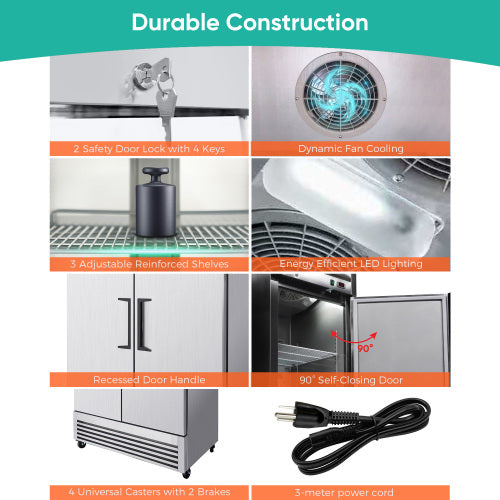 CC 54"Commercial Freezer, 49 Cu.Ft Double Door Stainless Steel Reach-In Freezer, -8~0℉, Air Cooling, 6 Shelves, R290, ETL