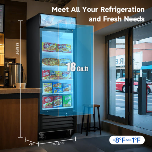 16 Cu.Ft Single Door Commercial Upright Display Freezer Merchandiser Glass Doors With ETL Certified, -8 to -1℉,Auto Defrost, Heated Door Frame, LED Lighting, for Cafes, Restaurants, Stores