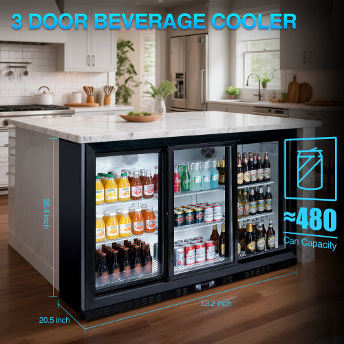 53 inch Beverage Refrigerators 3 Glass Door Back Bar, 480 Cans Cooler, Commercial Beer Wine and Drink Fridge, 11.3 Cu.Ft