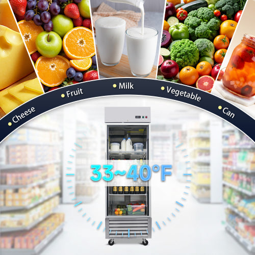 27" Commercial Display Refrigerator Swing Glass Door 23 Cu.ft Stainless Steel Reach-in Merchandiser Refrigerators with LED Lighting