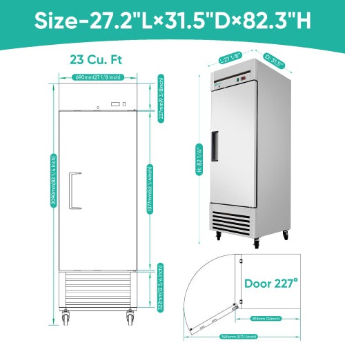 CC 27″ Reach-In Commercial Refrigerator, Stainless Steel Single Door Cooler, Digital Thermostat, LED Lighting, ETL