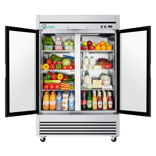 CC 49" Cu Ft Two Glass Door Commercial Reach-In Display Refrigerator, Upright Merchandiser Cooler 33–40°F, Stainless Steel, R290, ETL DOE