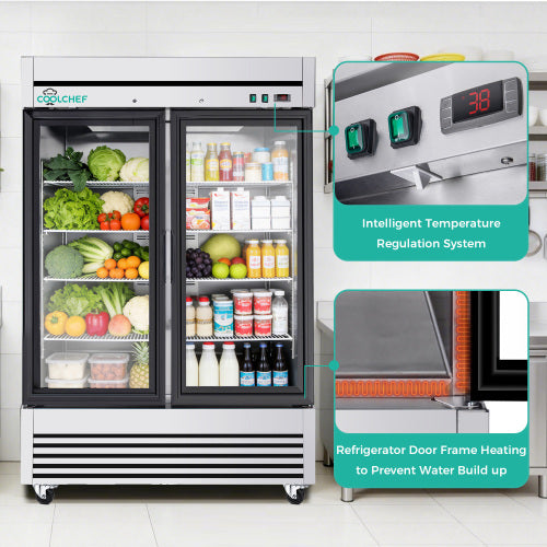 CC 49" Cu Ft Two Glass Door Commercial Reach-In Display Refrigerator, Upright Merchandiser Cooler 33–40°F, Stainless Steel, R290, ETL DOE
