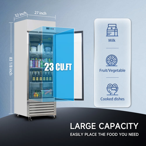 27" Commercial Display Refrigerator Swing Glass Door 23 Cu.ft Stainless Steel Reach-in Merchandiser Refrigerators with LED Lighting