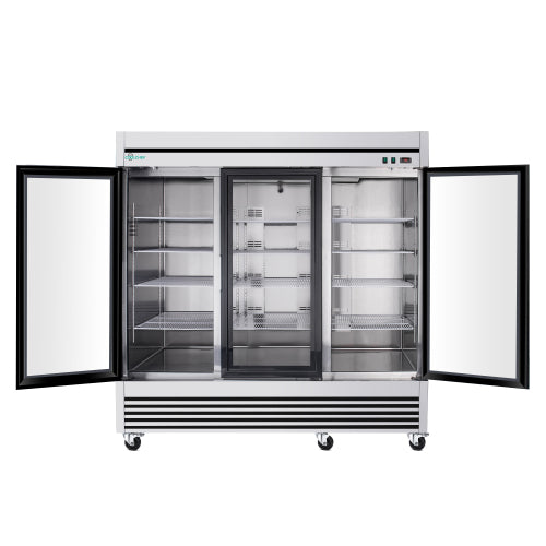 CC 72" Cu Ft Three Glass Door Commercial Reach-In Display Refrigerator, Triple-Door Merchandiser Cooler 33–41°F, Stainless Steel, R290, ETL DOE