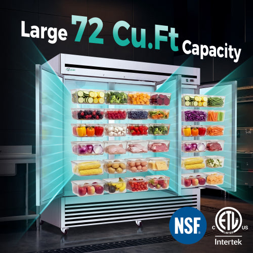 CC 72" Cu Ft Commercial Reach-In Refrigerator, 3 Solid Door Stainless Steel Upright Cooler, 33–40°F Digital Thermostat, 9 Shelves, R290, 110V