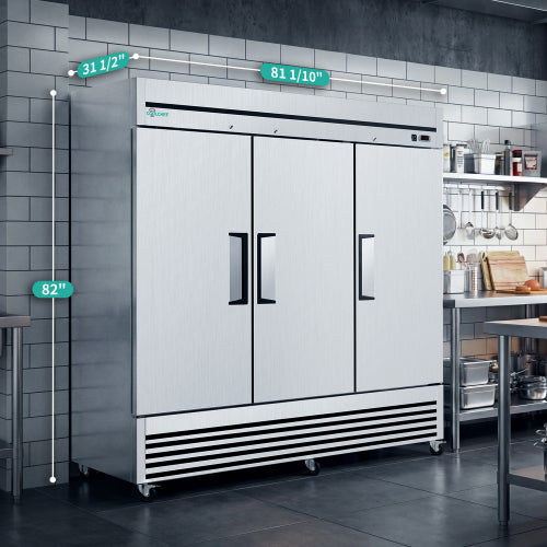 CC 72" Cu Ft Commercial Reach-In Freezer, 3 Solid Door Stainless Steel Upright, -8–0°F Deep Freeze, 9 Heavy-Duty Shelves, R290, 110V