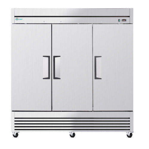CC 72" Cu Ft Commercial Reach-In Freezer, 3 Solid Door Stainless Steel Upright, -8–0°F Deep Freeze, 9 Heavy-Duty Shelves, R290, 110V